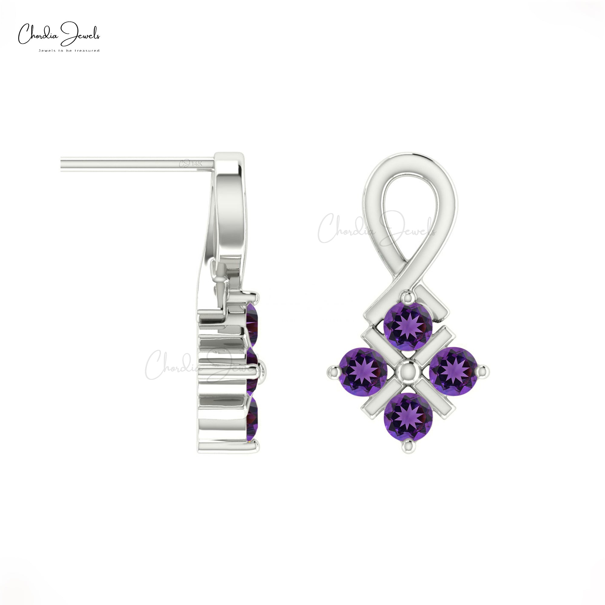 Cluster Wedding Studs In Pure 14k Gold Amethyst 2mm Gemstone Twisted Women Earrings