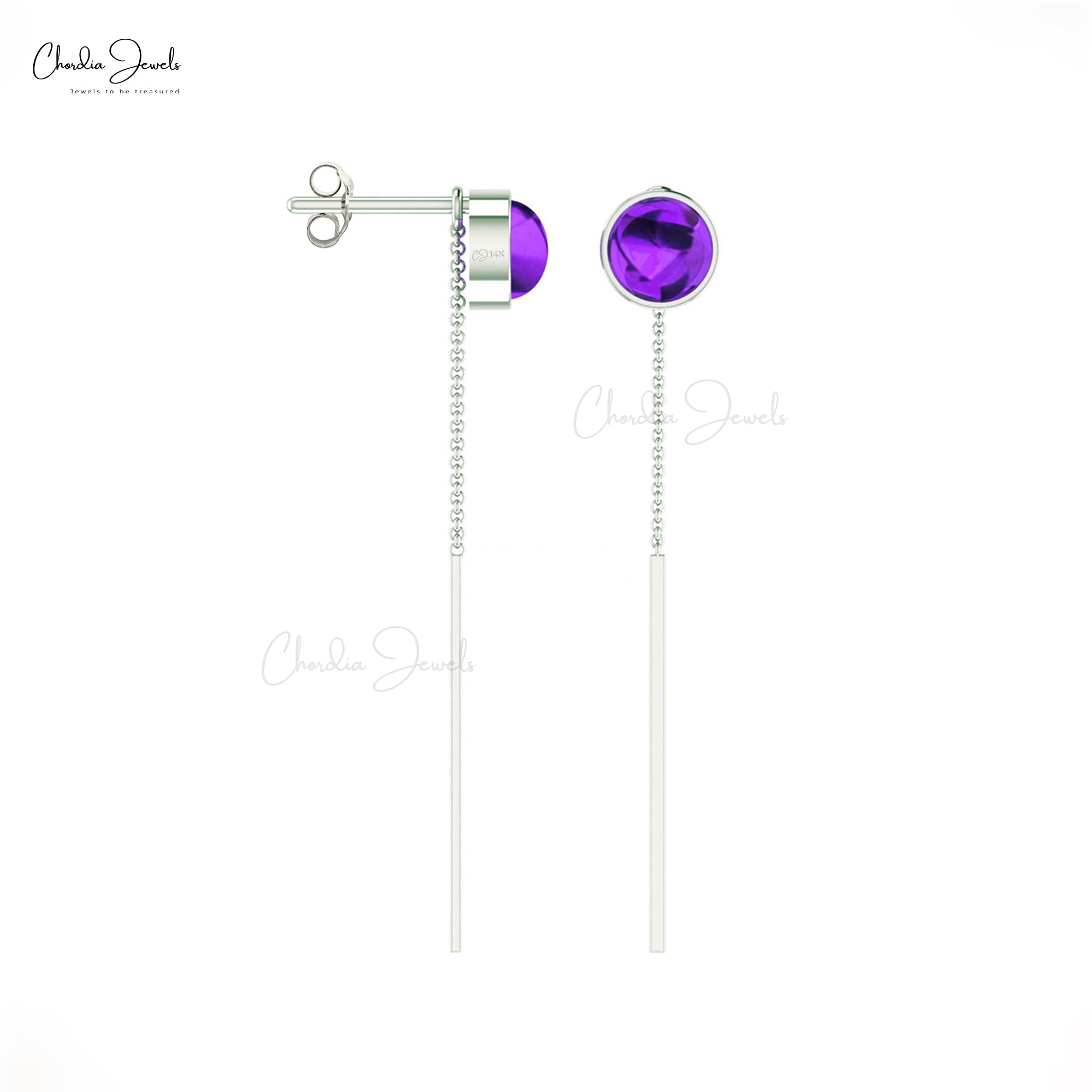 Solitaire Chain Earring in 14k Solid Gold Amethyst 4mm Gemstone Threader Earrings For Her