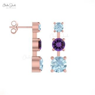 Genuine Amethyst Trinity Studs 4mm Round Cut Natural Gemstone Push Back Earrings 14k Real Gold Aquamarine Grace Jewelry For Surprise Gift