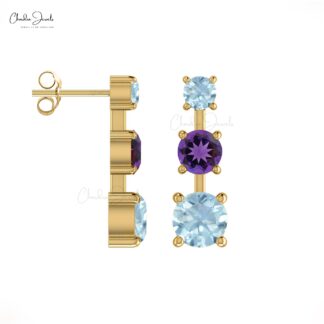 Genuine Amethyst Trinity Studs 4mm Round Cut Natural Gemstone Push Back Earrings 14k Real Gold Aquamarine Grace Jewelry For Surprise Gift