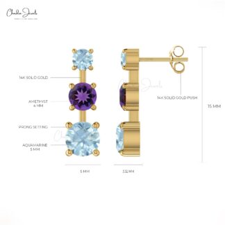 Genuine Amethyst Trinity Studs 4mm Round Cut Natural Gemstone Push Back Earrings 14k Real Gold Aquamarine Grace Jewelry For Surprise Gift