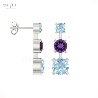Genuine Amethyst Trinity Studs 4mm Round Cut Natural Gemstone Push Back Earrings 14k Real Gold Aquamarine Grace Jewelry For Surprise Gift
