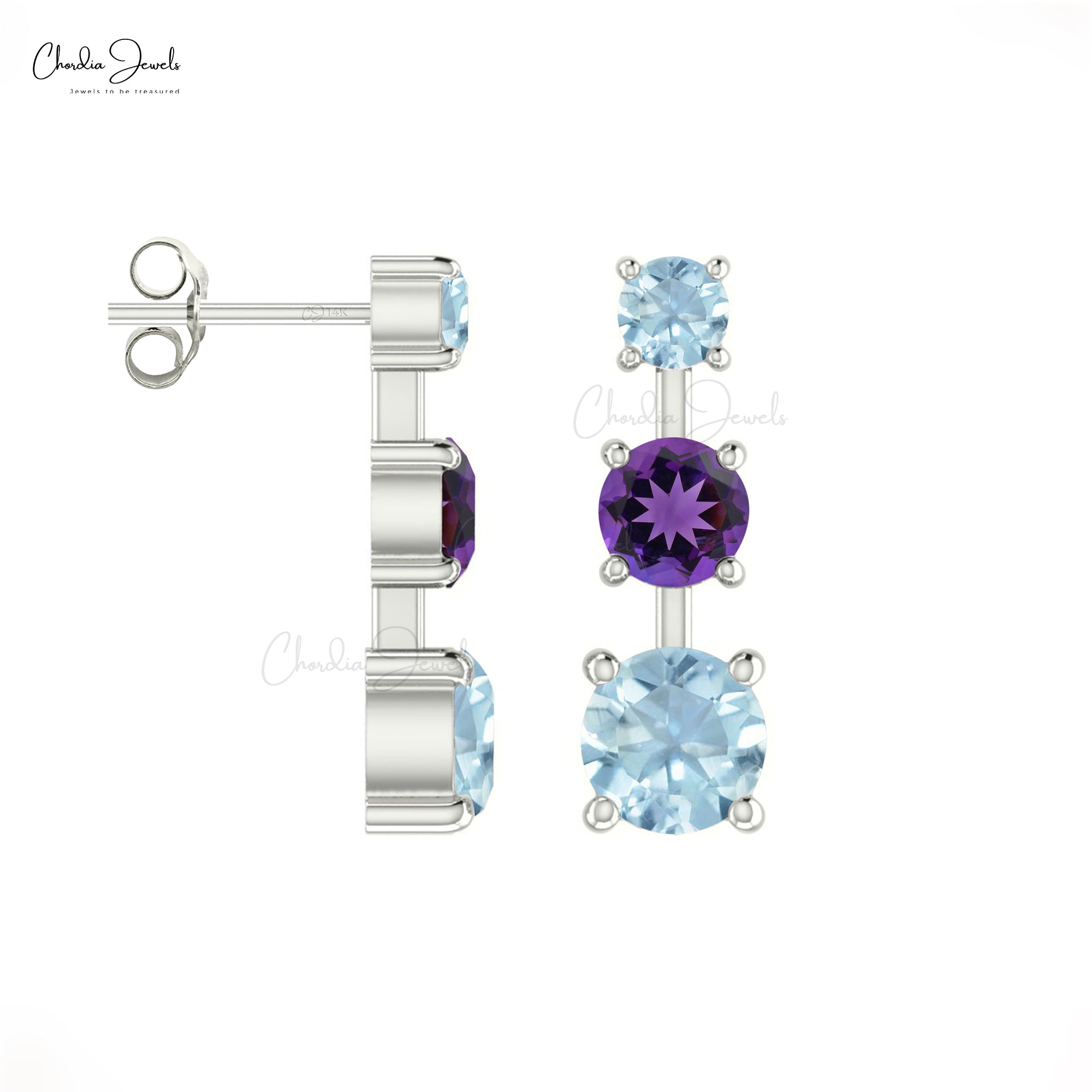 Genuine Amethyst Trinity Studs 4mm Round Cut Natural Gemstone Push Back Earrings 14k Real Gold Aquamarine Grace Jewelry For Surprise Gift