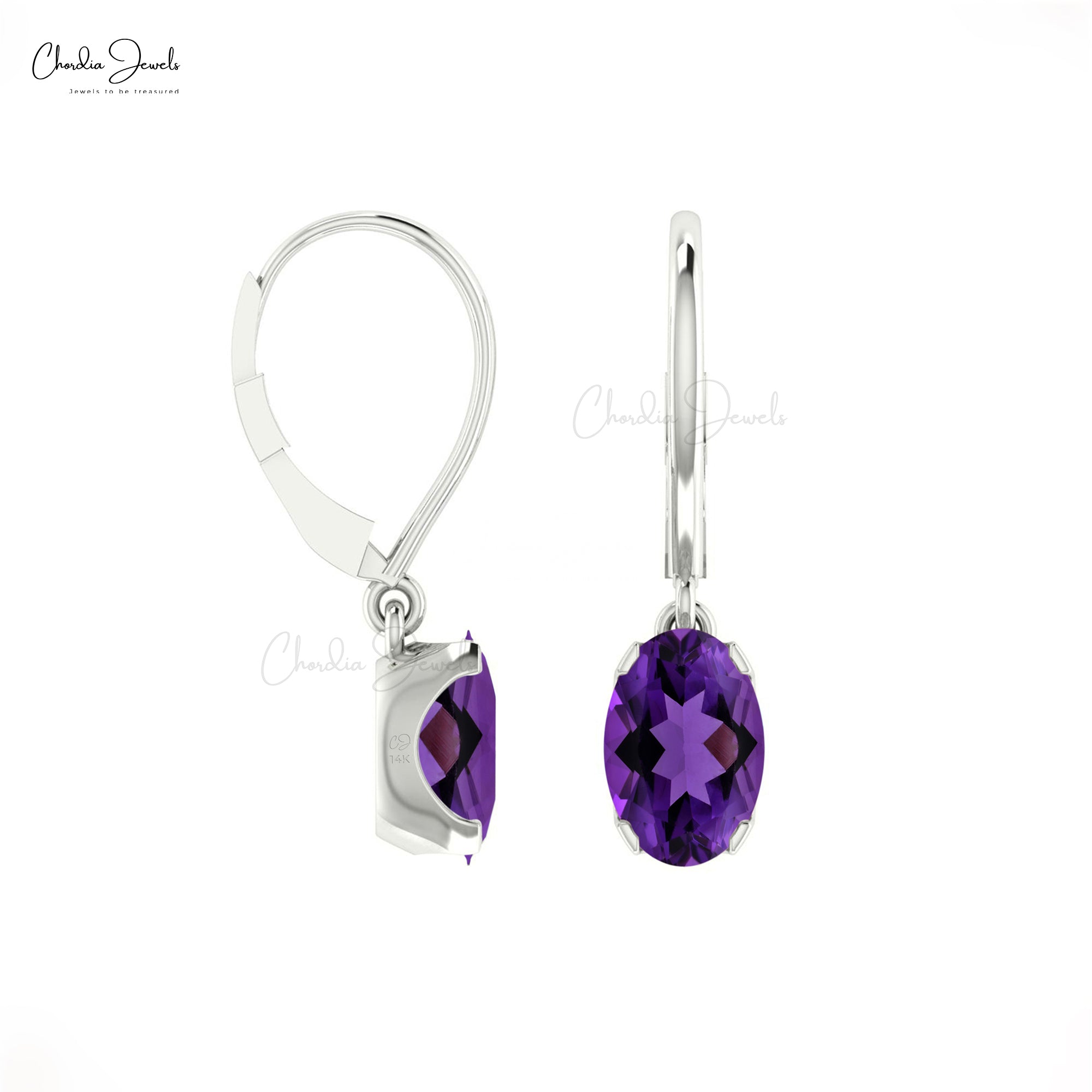 Delicate Amethyst Dangling Earrings 6x4mm Oval Gemstone Minimalist Earrings Genuine 14k Real Gold Lever Back Earrings For Fiance Gift