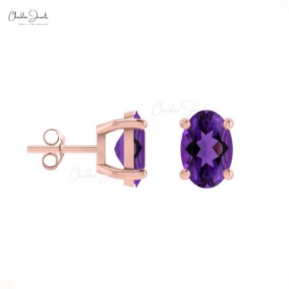Elegant Amethyst Solitaire Earrings 0.88Ct Oval Cut Natural Gemstone Dainty Earrings 14k Real Gold Art Deco Jewelry For Anniversary Gift
