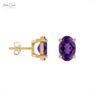 Elegant Amethyst Solitaire Earrings 0.88Ct Oval Cut Natural Gemstone Dainty Earrings 14k Real Gold Art Deco Jewelry For Anniversary Gift