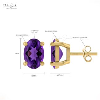 Elegant Amethyst Solitaire Earrings 0.88Ct Oval Cut Natural Gemstone Dainty Earrings 14k Real Gold Art Deco Jewelry For Anniversary Gift