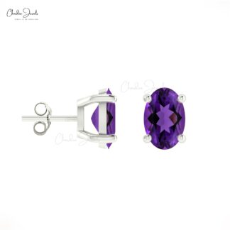 Elegant Amethyst Solitaire Earrings 0.88Ct Oval Cut Natural Gemstone Dainty Earrings 14k Real Gold Art Deco Jewelry For Anniversary Gift