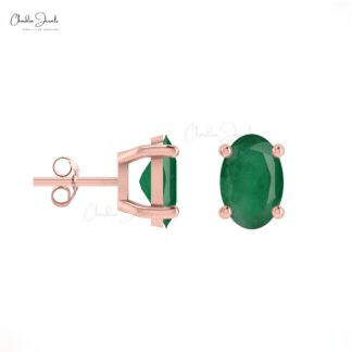 Delicate Emerald Solitaire Earrings 14k Real Gold Push Back Studs For Bridesmaid Gift