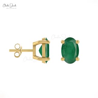 Delicate Emerald Solitaire Earrings 14k Real Gold Push Back Studs For Bridesmaid Gift