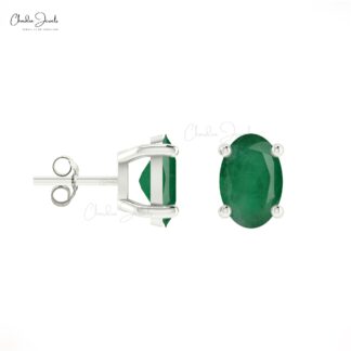 Delicate Emerald Solitaire Earrings 14k Real Gold Push Back Studs For Bridesmaid Gift