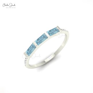 Trio Stone Wedding Ring In Pure 14k Gold Aquamarine 0.24 Ct Gemstone Diamond Stack Rings