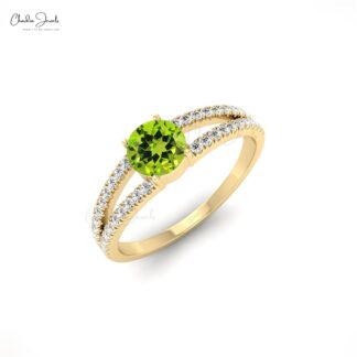 Real 14k Gold Split Shank Ring In 5mm Peridot Gemstone And Diamond Unique Rings For Her