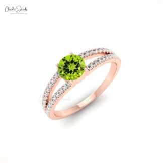 Real 14k Gold Split Shank Ring In 5mm Peridot Gemstone And Diamond Unique Rings For Her