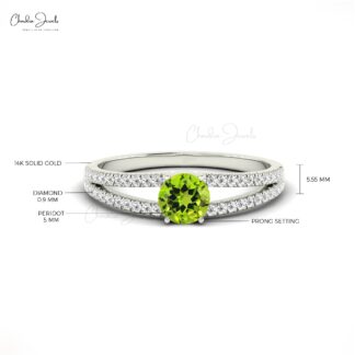 Real 14k Gold Split Shank Ring In 5mm Peridot Gemstone And Diamond Unique Rings For Her