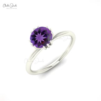 Round Cut Wedding Ring In Real 14k Gold Genuine 0.74 Ct Amethyst Solitaire Rings For Her