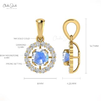 Natural Moonstone Halo Pendant With Pave Diamond 14k Solid Gold Birthstone Necklace