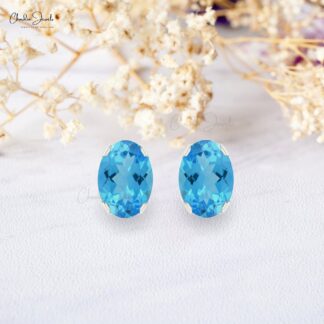Delicate Swiss Blue Topaz Earrings 6x4mm Oval Gemstone Minimalist Studs Genuine 14k Real Gold Prong Set Hallmarked Earrings For Fiance Gift