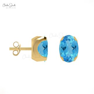 Delicate Swiss Blue Topaz Earrings 6x4mm Oval Gemstone Minimalist Studs Genuine 14k Real Gold Prong Set Hallmarked Earrings For Fiance Gift