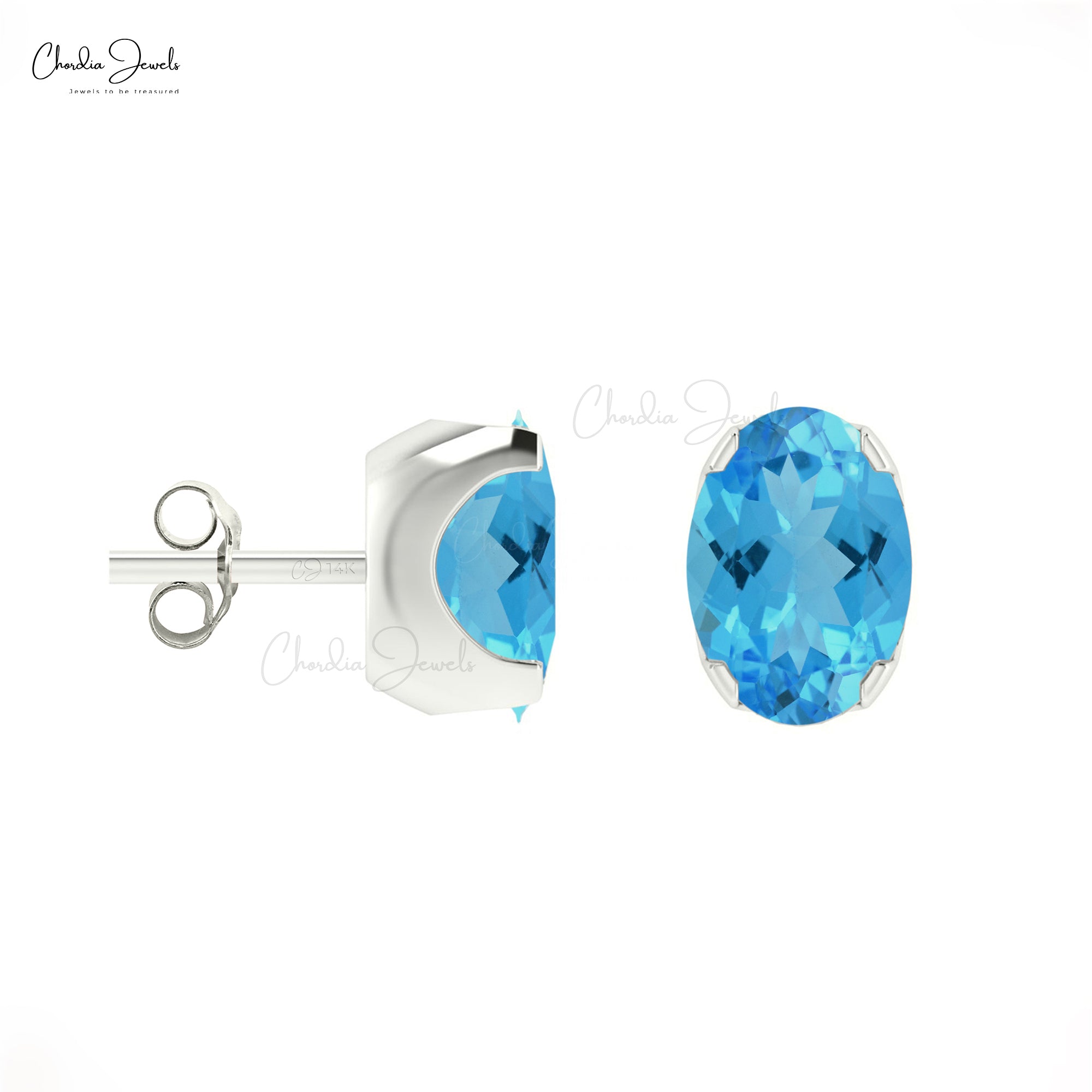 Delicate Swiss Blue Topaz Earrings 6x4mm Oval Gemstone Minimalist Studs Genuine 14k Real Gold Prong Set Hallmarked Earrings For Fiance Gift