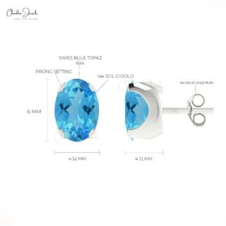 Delicate Swiss Blue Topaz Earrings 6x4mm Oval Gemstone Minimalist Studs Genuine 14k Real Gold Prong Set Hallmarked Earrings For Fiance Gift