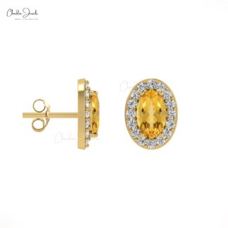 Elegant Yellow Citrine Halo Studs 14k Real Gold Diamond Handmade Earrings 5x3mm Oval Cut Natural Gemstone Earrings For Birthday Gift