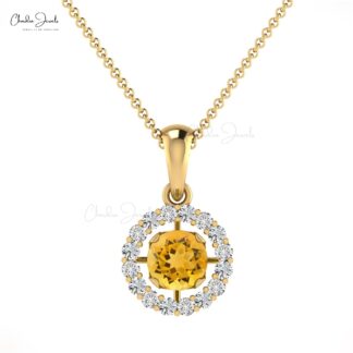Brilliant Cut Gemstone Halo Pendant in 14k Solid Gold Citrine And Diamond Dangle Necklace