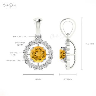 Brilliant Cut Gemstone Halo Pendant in 14k Solid Gold Citrine And Diamond Dangle Necklace