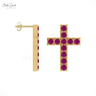 Brilliant Cut Jesus Earrings With 2mm Burma Ruby Pave Set In 14k Real Gold Cross Studs