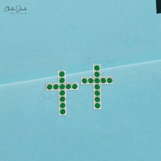 Real Emerald Cross Stud Earrings 14k Solid Gold Dainty Religious Studs