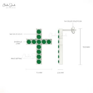 Real Emerald Cross Stud Earrings 14k Solid Gold Dainty Religious Studs