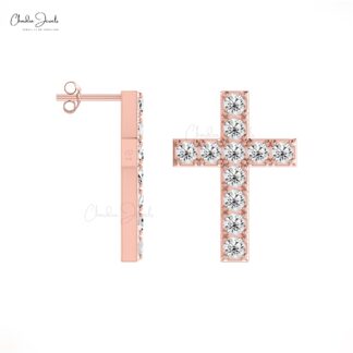 Small Diamond Cross Stud In 14k Solid Gold White Diamond Religious Push Back Earrings
