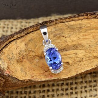 Diamond Half Halo Pendant In Pure 14k White Gold Tanzanite December Birthstone Necklace
