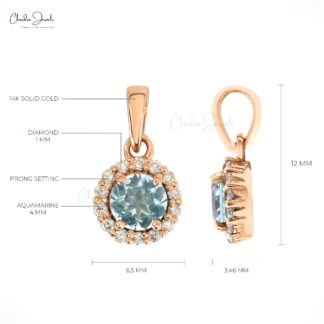 Solid 14k Rose Gold Dangle Pendant in 4mm Round Aquamarine And Diamond Halo Pendant