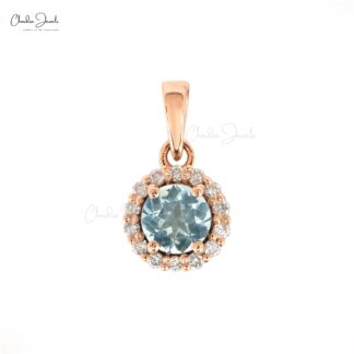 Solid 14k Rose Gold Dangle Pendant in 4mm Round Aquamarine And Diamond Halo Pendant