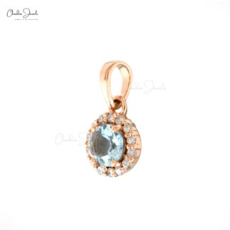 Solid 14k Rose Gold Dangle Pendant in 4mm Round Aquamarine And Diamond Halo Pendant