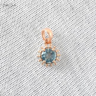 Solid 14k Rose Gold Dangle Pendant in 4mm Round Aquamarine And Diamond Halo Pendant