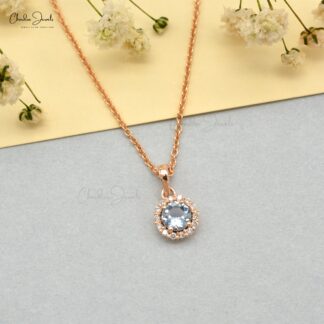 Solid 14k Rose Gold Dangle Pendant in 4mm Round Aquamarine And Diamond Halo Pendant