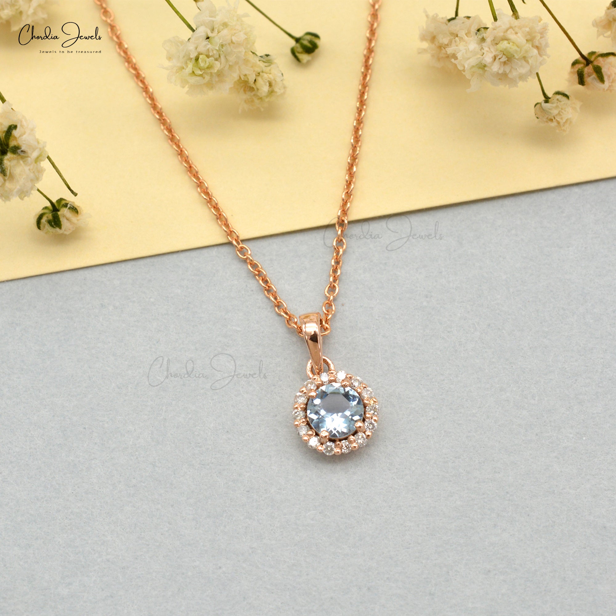 Solid 14k Rose Gold Dangle Pendant in 4mm Round Aquamarine And Diamond Halo Pendant