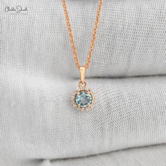 Solid 14k Rose Gold Dangle Pendant in 4mm Round Aquamarine And Diamond Halo Pendant