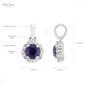 Solid 14k White Gold Charm With 4mm Amethyst Gemstone Diamond Halo Anniversary Pendant