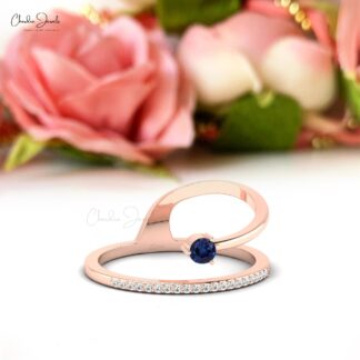 Dainty Round Ring In 14k Solid Gold Blue Sapphire And Diamond Shooting Star Ring