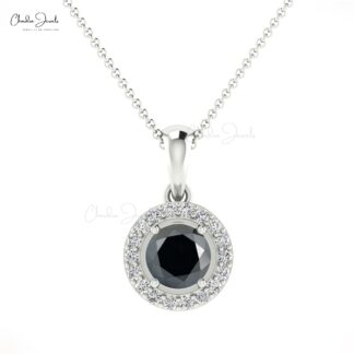 Natural Black Diamond Dainty Pendant 4mm Round Cut Gemstone Art Deco Halo Pendant 14k Real Gold Diamond Fine Jewelry For Bridal