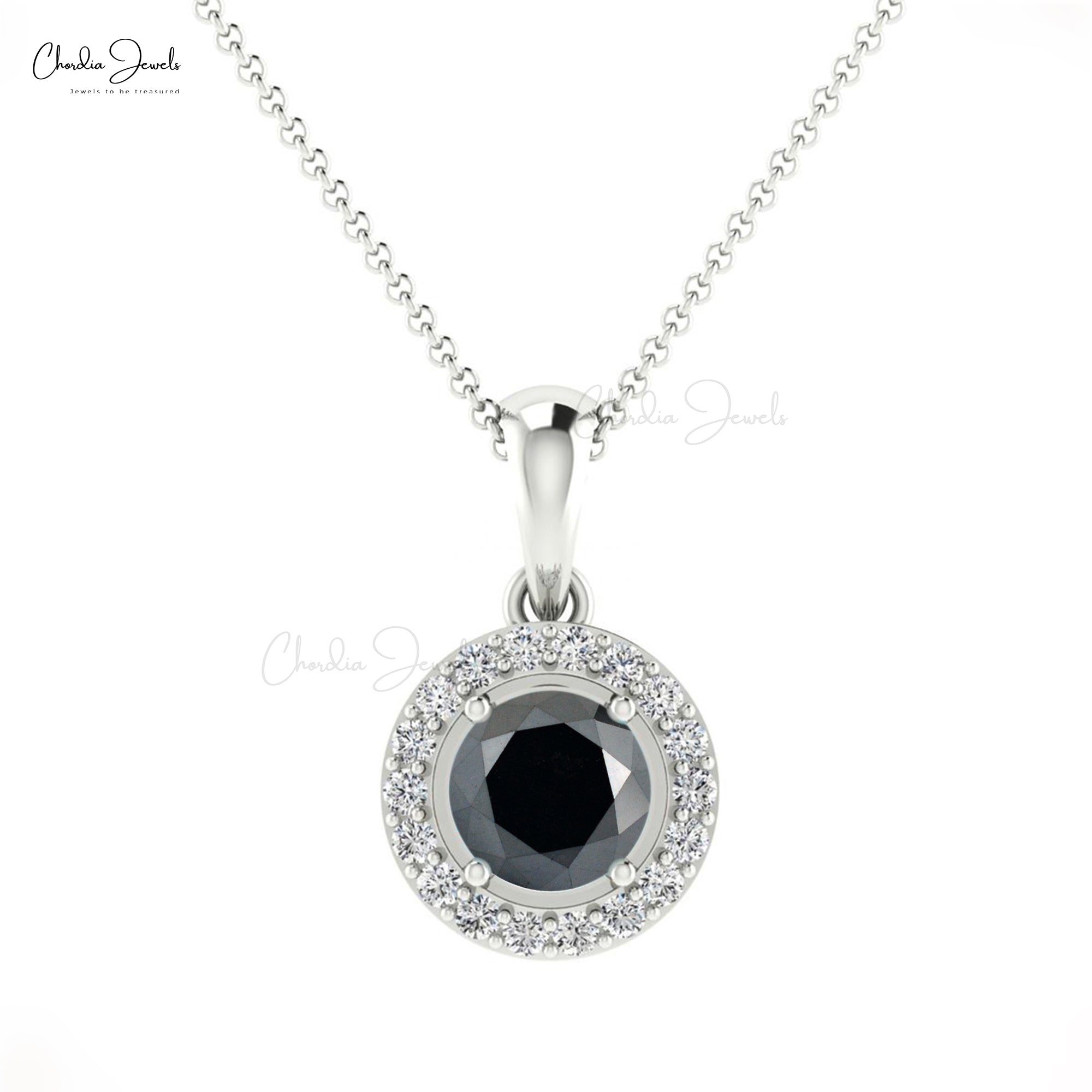 Natural Black Diamond Dainty Pendant 4mm Round Cut Gemstone Art Deco Halo Pendant 14k Real Gold Diamond Fine Jewelry For Bridal
