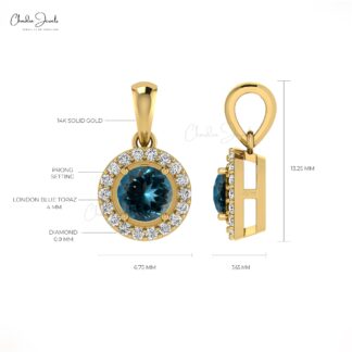 Halo Birthstone Pendant in 14k Real Gold London Blue Topaz And Diamond Necklace