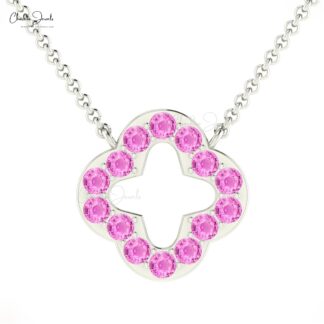 Brilliant Cut Clover Necklace In Solid 14k Gold Pink Sapphire 2mm Gemstone Open Necklaces