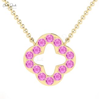 Brilliant Cut Clover Necklace In Solid 14k Gold Pink Sapphire 2mm Gemstone Open Necklaces