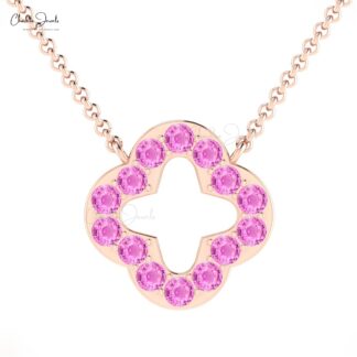 Brilliant Cut Clover Necklace In Solid 14k Gold Pink Sapphire 2mm Gemstone Open Necklaces
