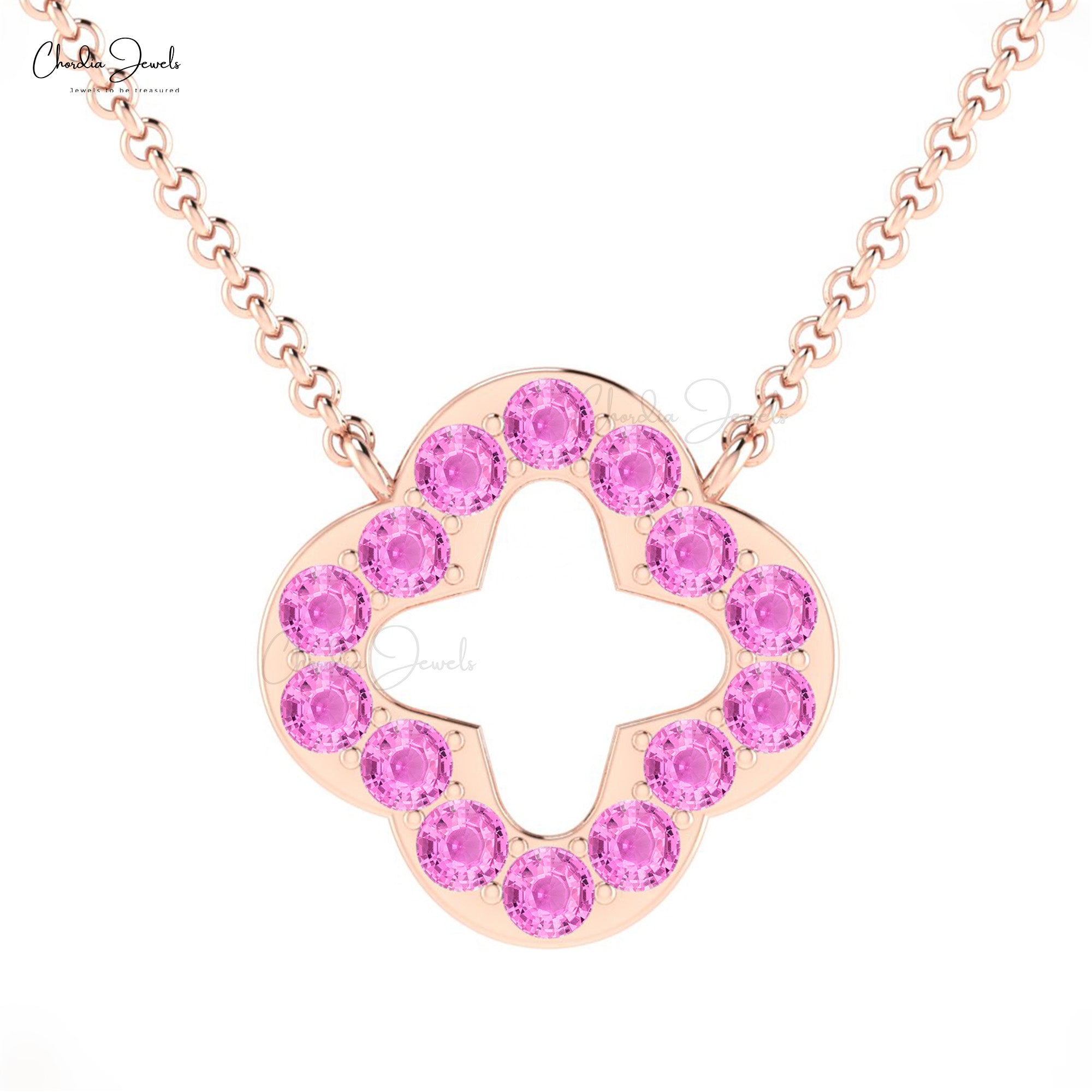 Brilliant Cut Clover Necklace In Solid 14k Gold Pink Sapphire 2mm Gemstone Open Necklaces