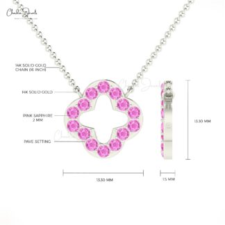 Brilliant Cut Clover Necklace In Solid 14k Gold Pink Sapphire 2mm Gemstone Open Necklaces